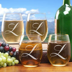Engraved Initial Stemless Wine Glass Set
