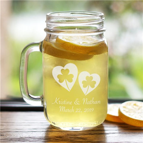 Shamrock Hearts Engraved Mason Jar