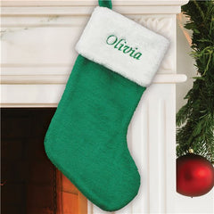 Green Plush Embroidered Christmas Stocking