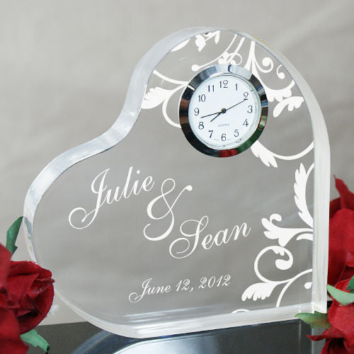 Floral Couple's Heart Engraved Keepsake Clock