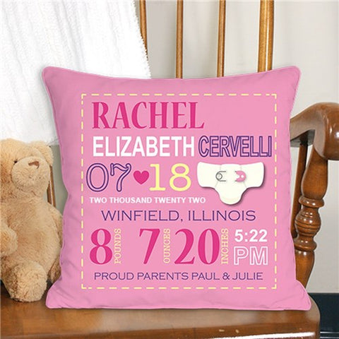 Baby Girl Birth Announcement Throw Pillow