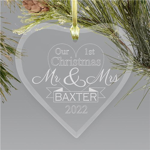 Newlywed Heart Personalized Glass Ornament