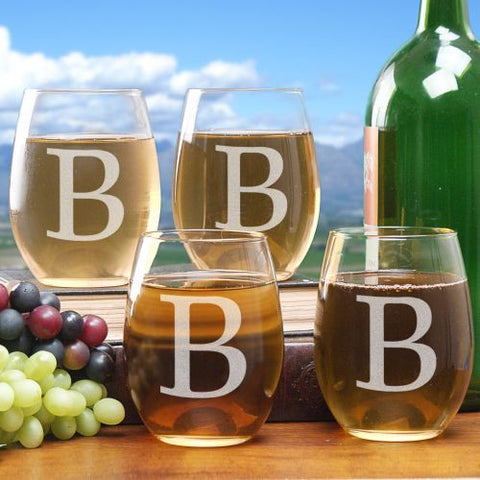 Engraved Initial Stemless Wine Glass Set