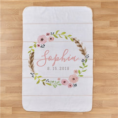 Personalized Floral Wreath Baby Girl Blanket