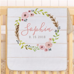Personalized Floral Wreath Baby Girl Blanket