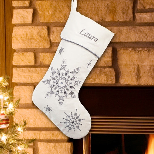 Silver Snowflakes Embroidered Christmas Stocking