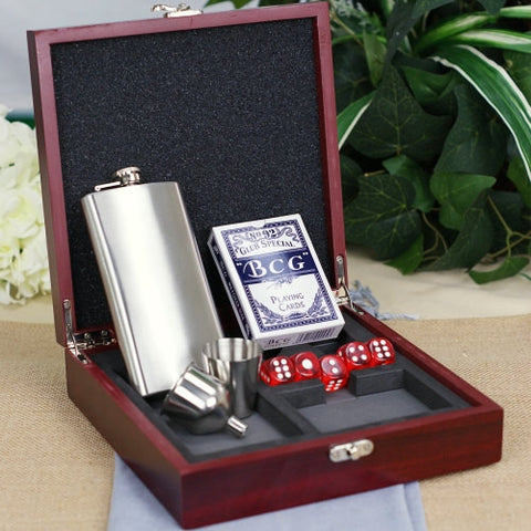 Engraved Wood Poker & Flask Set